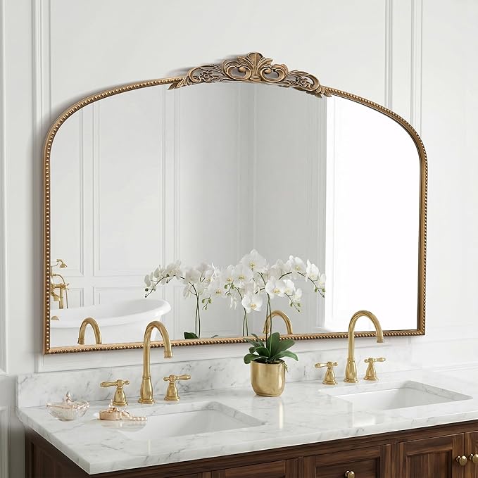 Micasso Large Vintage Gold Mirror: 48"x33" French Baroque Antique Arched Mirror - Traditional Ornate Decorative for Wall/Fireplace/Mantel/Entryway/Bathroom/Hallway - Home Decor for Living Room