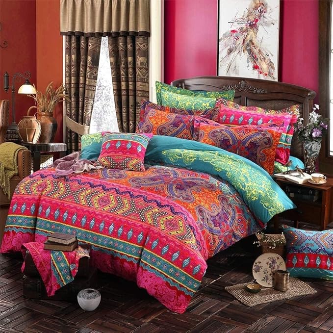 Boho Full Comforter Set Soft Chic 3 Pieces Bedding Full Comforter Set Lightweight Exotic Red Teal Bohemian Mandala Colorful Vintage Comforter Bed Set for All Seasons