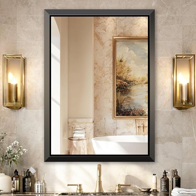 USHOWER 30x40 Inch Floating Bathroom Mirror - Brushed Black Wall Mirror for Over Sink, Beveled Aluminum Frame, Anti-Rust, Rectangular HD Reflection Large Vanity Mirror(Copper-Free Silver Coating)