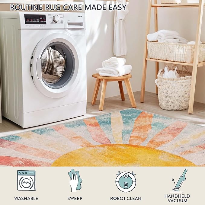 5x7 Boho Sun Area Rug Retro Orange Yellow Blue Beige Bedroom Rug Low Pile Thin Large Carpet Living Room Non Slip Dining Room Stain Resistant Office Washable Machine Classroom