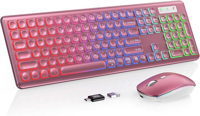 Wireless Keyboard and Mouse Combo, RGB Backlit, Rechargeable & Light Up Letters, Full-Size, Soft Typing, Sleep Mode, 2.4GHz Quiet Keyboard Set for Mac, Windows, Laptop, PC, Trueque (Wine Red)