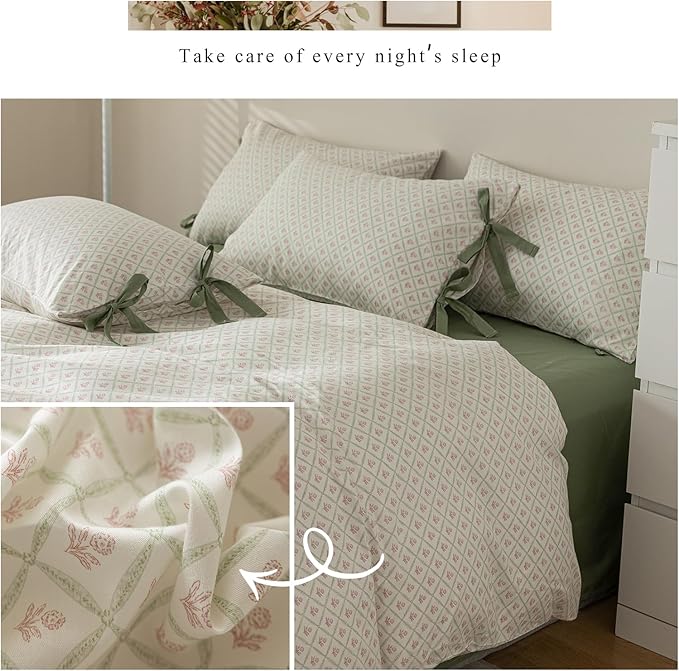 Pink Flower Duvet Cover Queen Green Plaid Grid Duvet Cover 100% Cotton Floral Cottagecore Bedding Set Queen with 2 Bow Ties Pillowcases Vintage Aesthetic Girls Comforter Cover with Zipper Closure