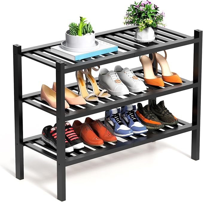 RONGJlA 3 Tier Bamboo Shoe Rack for Closet Free Standing Wood Shoe Shelf Storage Organizer for Entryway Small Space Stackable, Black