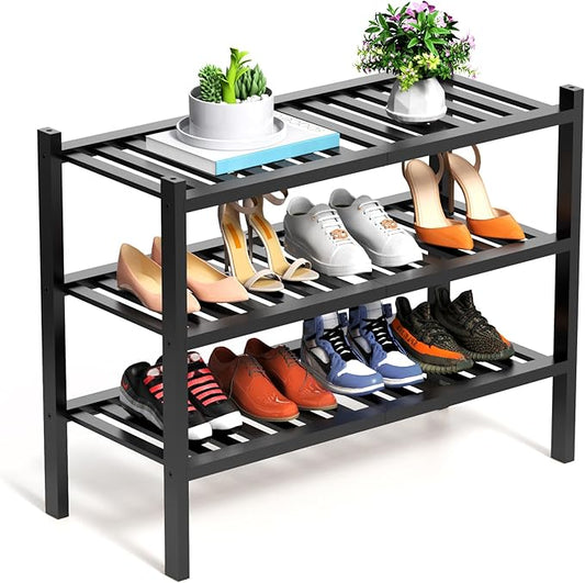 RONGJlA 3 Tier Bamboo Shoe Rack for Closet Free Standing Wood Shoe Shelf Storage Organizer for Entryway Small Space Stackable, Black
