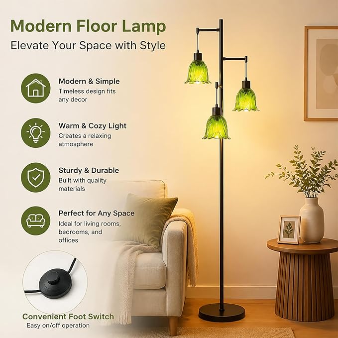Green Glass Flower Floor Lamp,3 Light Tree Standing Lamp for Living Room Bedroom,Mid Century Modern Tall Floor Lamps Vintage Retro Boho Bohemian Home Office Decor Lamp Shade-Black