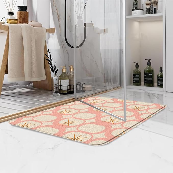Mid Century Modern Bath Mat Abstract Atomic Geometric Retro 1950s Pink Bathroom Kitchen Toilet Rugs,18x30 Inch