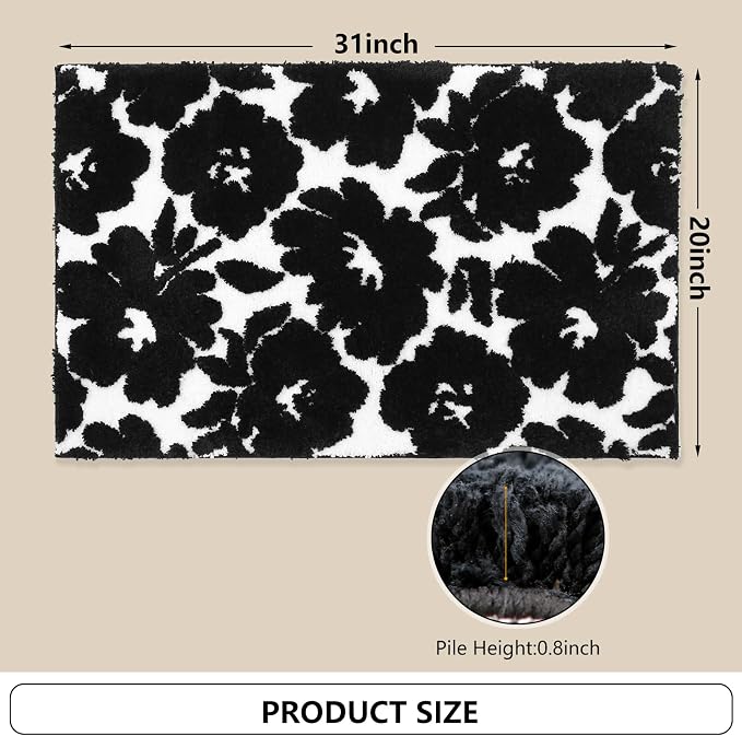 Civkor Black and White Bathroom Rug, Tufted Flower Bath Mat for Bathroom with Non Slip TPR Backing, Quick Dry Microfiber Surface, Soft and Super Water Absorbent Bath Rug, 31x20Inch