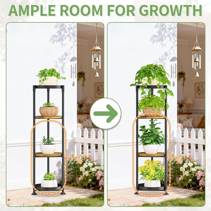 KMOTASUO 4 Tier Black Plant Stand Indoor for Large Tall Heavy Duty Planter, Multiple Sturdy Metal Flower Corner Rack for Narrow House Floor, Iron Vertical Level Round Orchi Holder Organizer, Modern