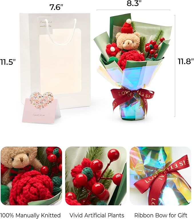 Christmas Crochet Flower Bouquet, Handmade Knitted Flowers with Rose Holly, for Lover Mother Women Family Friends, Lasting Holiday Home Decor
