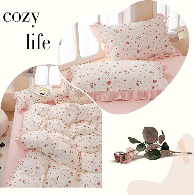 VM VOUGEMARKET Ruffle Comforter Set with Strawberry Prints,Kawaii Bedding Comforter Set,1 Down Alternative with 2 Lace Pillow Shams for All Seasons-90 x90