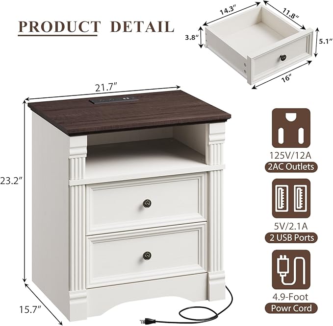 White Nightstand with Charging Station, Farmhouse Wood Bedside Table & End Table with 2 Drawers and Chic Wood Pilasters Design, Side Table Storage Cabinet with Metal Handles for Bedroom, Living Room