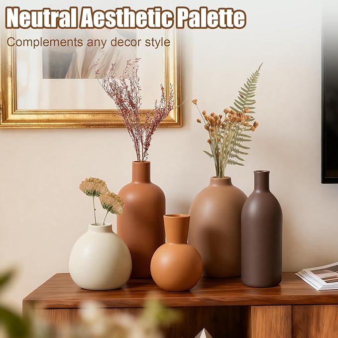 Small Ceramic Vase Set of 5 Modern Home Decor Handmade Pottery Vase for Home TV Stand Living Room Fireplace Farmhouse Bathroom Entry Table Dining Table Decor