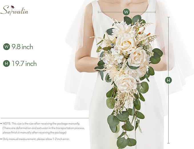 Serwalin 9.8in Wedding Bouquets for Bride, Boho Champagne Roses & Dahlia Flowers for Wedding Decoration