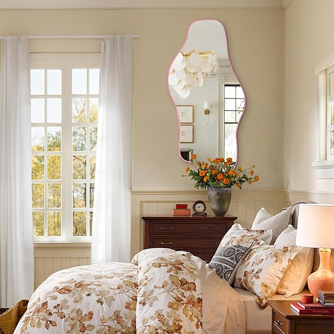Irregular Wall Mirror, 35.8"x17.7" Asymmetrical Tempered Glass Mirror, Modern Frameless Organic Shaped Mirrors for Entryway Bedroom Living Room Bathroom, Horizontal or Vertical Hanging
