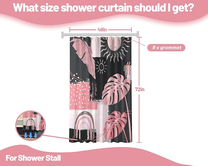 Small Stall Narrow Shower Curtain Pink and Gray Stand Up Abstract Grey Bohemian Shower Curtains for Rv Camper Bathroom Decor Sets, Waterproof Cloth Fabric with Hooks, 48 x 72 Inch