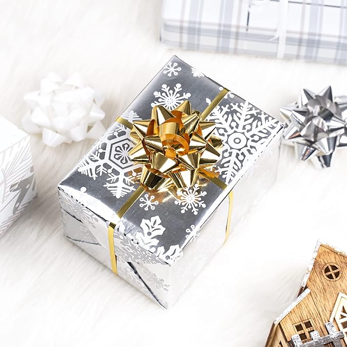 LeZakaa Christmas Wrapping Paper Bundle - Mini Roll with Bow, Ribbon, Sticker and Gift Tag -Silver Metallic Foil Design with Tree/Snowflake/Plaid Print- 17 x 120 inches -3 Rolls(42.5 sq.ft.ttl.)
