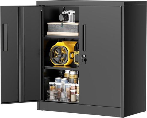 Greenvelly Metal Storage Cabinet - Lockable 36” Utility Cabinet with Doors & Shelves | Black for Office & Garage