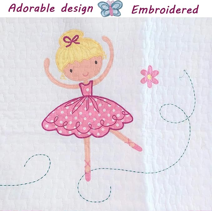 Cozy Line Home Fashions 100% Cotton Ballerina Dance Princess Girl Reversible Bedding Quilt Set, Bedspread Coverlet for All Seasons (Ballerina, Queen+Décor Pillows)