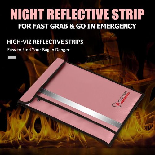 ROLOWAY Fireproof Document Bag - Waterproof Zipper & 2 Pockets | 15 x 11 Inch Pink Fire Safe Envelope for Cash & Legal Documents