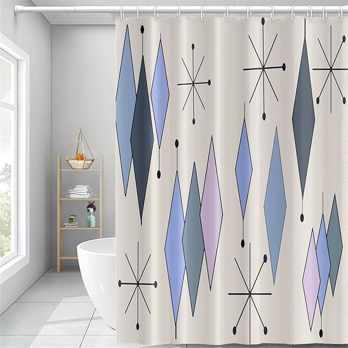 Mid Century Turquoise Shower Curtain Abstract Grey Blue Diamond Geometric Atomic Starburst Pattern Beige Backdrop for 1950s Retro Bathroom Decor Shower Curtain Set with 12 Hooks, 72x78 Inches
