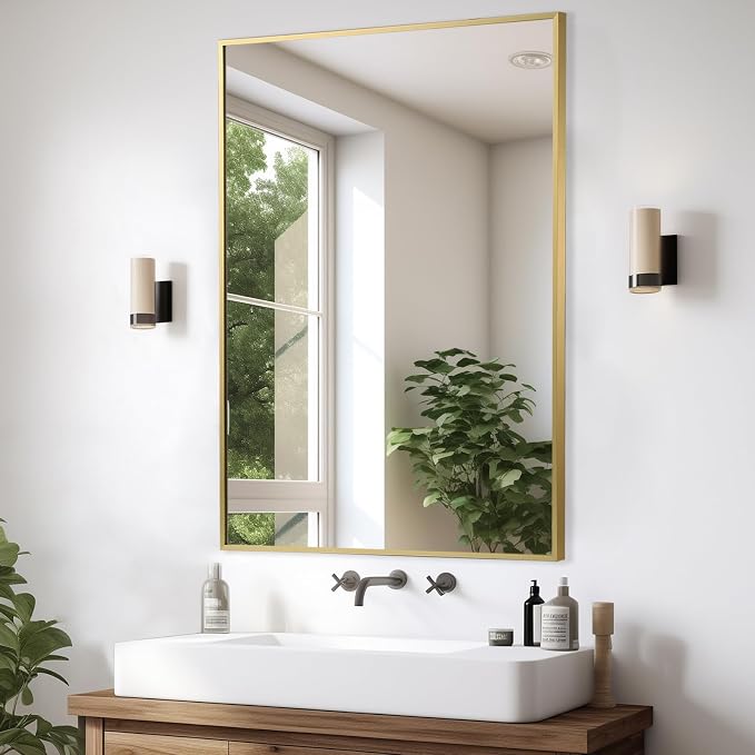 Gold Bathroom Mirror, 24"x36" Rectangle Mirror, Brushed Gold Mirror, Metal Frame Square Corner Vanity Mirror, Wall Mounted Mirror for Modern, Living Room, Bedroom, Horizontal Or Vertical