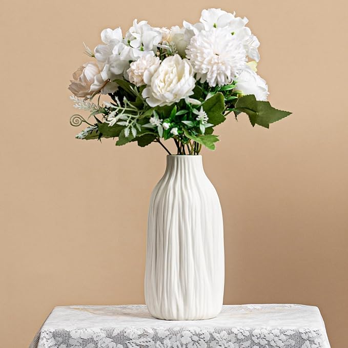 Woodgrain Sculptural Vase - White Matte Ceramic with Vertical Texture, 7.2" Unique Flower Vase for Pampas Grass/Centerpieces, Decorative Farmhouse Vase for Living Room/Office,Ideal Gift for Minimalist