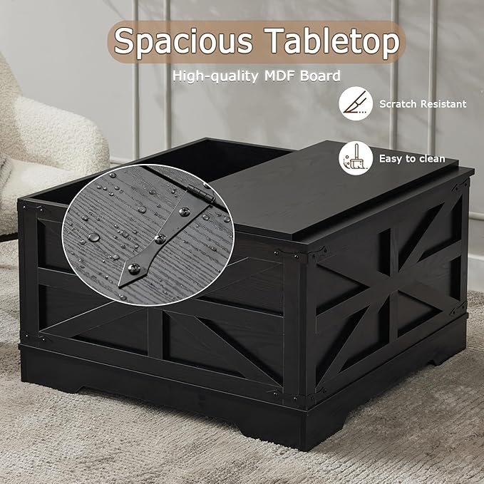 Farmhouse Living Room Table Set of 3, 2 Drawer Dresser End Table with Charging Station and 1 Coffee Table with Large Hidden Storage, Farmhouse Coffee Table Set for Living Room, Office, Black