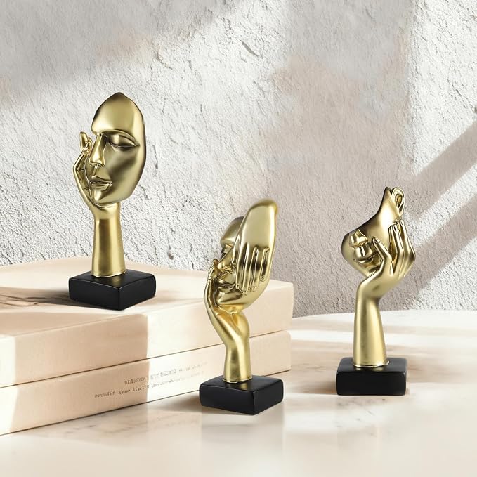 Modern Living Room Decoration - Gold Abstract Sculpture Decor For Shelves, Thinker Statues Set Of 3, Resin Face Knick Knacks Home Decor For Office Bookshelf, Shelf Side, Table, Gift For Friends