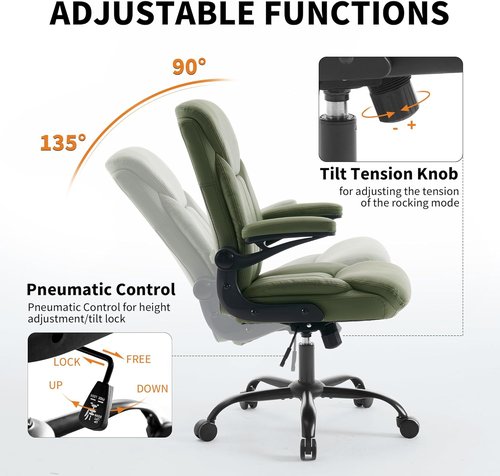 Comfy Ergonomic Desk Chair by Home Office | Adjustable Leather Executive Chair with Flip-Up Armrests & 360° Swivel (Green)