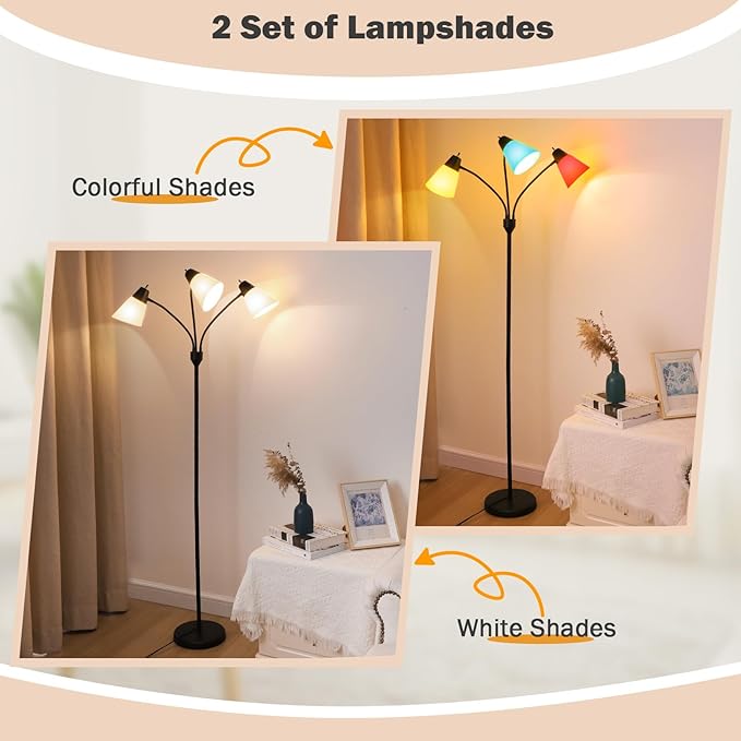 FOLKSMATE LED Floor Lamp, Medusa 3 Head Modern Adjustable Tall Standing Light for Living/Kids Room, Bedroom, Office, Dorm