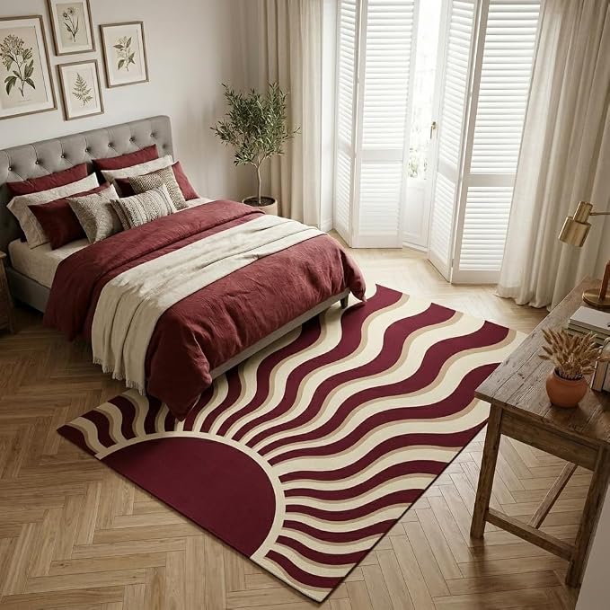 5x7 Retro Abstract Area Rug, Burgundy and Beige Wavy Sunburst Rug, Washable Non-Slip Low Pile Faux Cashmere Rug for Living Room, Bedroom, Home Office