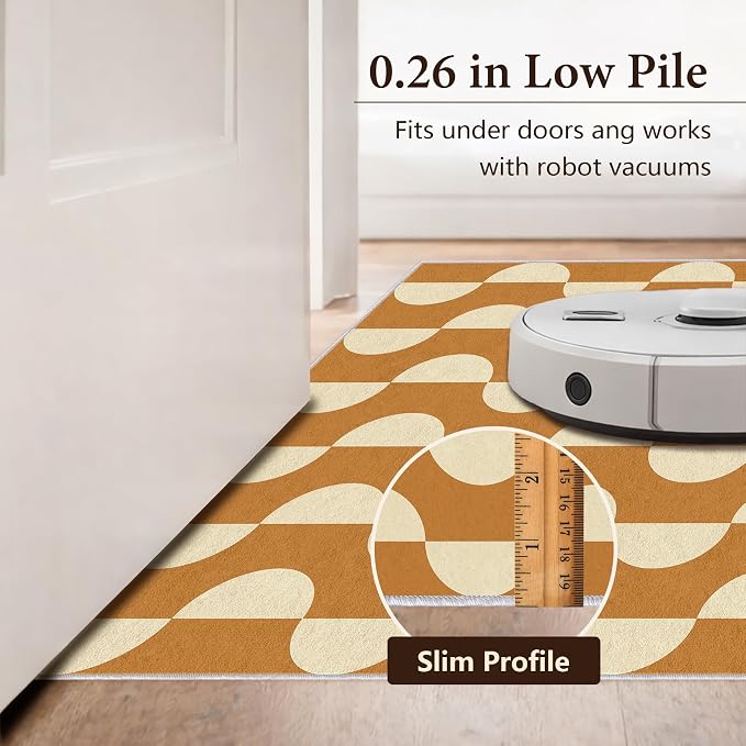 Caramel Dot Wave Area Rug 5 x 8 ft, Mid-Century Modern Geometric Rug, Brown Cream Abstract Washable Rug, Soft Low Pile Non-Slip Carpet for Living Room Bedroom Dining Room