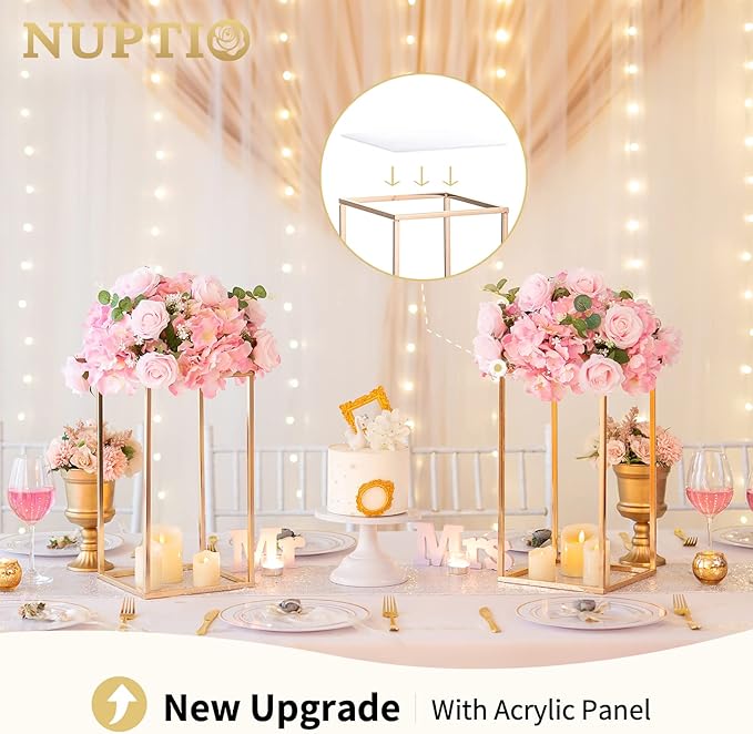 Nuptio Gold Vase for Wedding Centerpieces with Acrylic Panel - 10 Pcs 15¾ inch Tall Vases for Centerpieces for Wedding Gold Vases for Flowers Wedding Tables Home Party Centerpiece Table Decorations