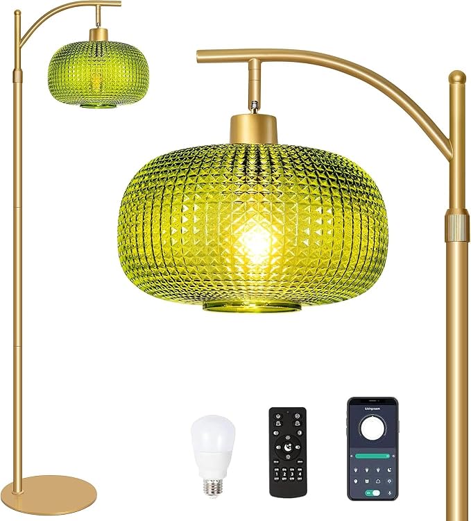 Glass Floor Lamp for Living Room, Modern Standing Lamp for Bedroom, Dimmable Tall Lamp with Shade, Remote,12W LED Bulb Included (Gold+Green)