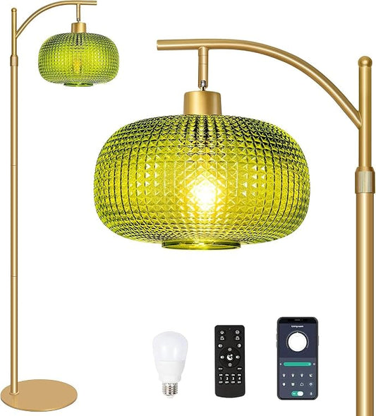 Glass Floor Lamp for Living Room, Modern Standing Lamp for Bedroom, Dimmable Tall Lamp with Shade, Remote,12W LED Bulb Included (Gold+Green)