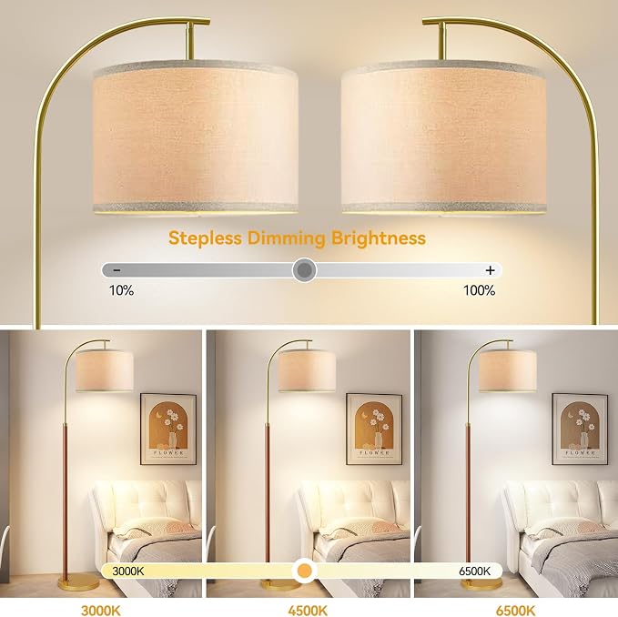 Wood Floor Lamps for Living Room Arc Floor Lamp with Remote Control,Dimmable Farmhouse Floor Lamp Mid Century Modern Standing Lamp with 3 Color Temperature Tall Vintage Floor Lamp For Bedroom Corner