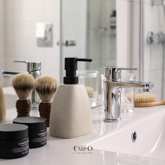 EMPO Ceramic Hand Soap Dispenser with Matte Black Pump, Stone-Textured Wabi-Sabi Liquid Dispenser for Bathroom Vanity and Kitchen Sink (360ml)