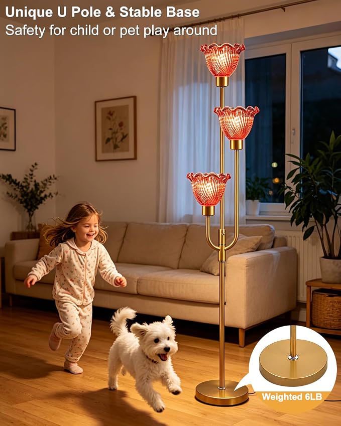 Lightdot 3-Lights Glass Floor Lamp 66IN Modern Gold Dimmable Floor Lamps with 3000K Warm White Bulbs for Wedding Party Tall Standing Lamp with Deep Red Glass Shade for Living Room/Bedroom/Home Decor
