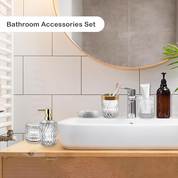 5Pcs White Bathroom Accessories Set, Glass Bathroom Accessories, Vintage Bathroom Countertop Decoration Includes Soap Dispenser, Toothbrush Holder, Qtip Holder,Soap Dish and Rinsing Cup