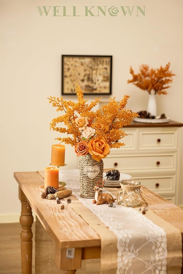 WELL KNOWN 4 Pcs Glitter Artificial Cedar Spray 19.5" Orange Floral Picks Faux Cedar Pine Branches Stems, Orange Floral Arrangements for Home Vase Wedding Wreath Xmas Tree Holiday Decoration Gift