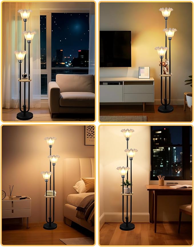 Vintage Flower Floor Lamp for Living Room, Mid Century Modern Floor Lamp Dimmable with Shelf & LED Bulbs, 3 Light 3000K Warmwhite Black Tall Standing Lamp for Bedroom Girls Room Home Decor
