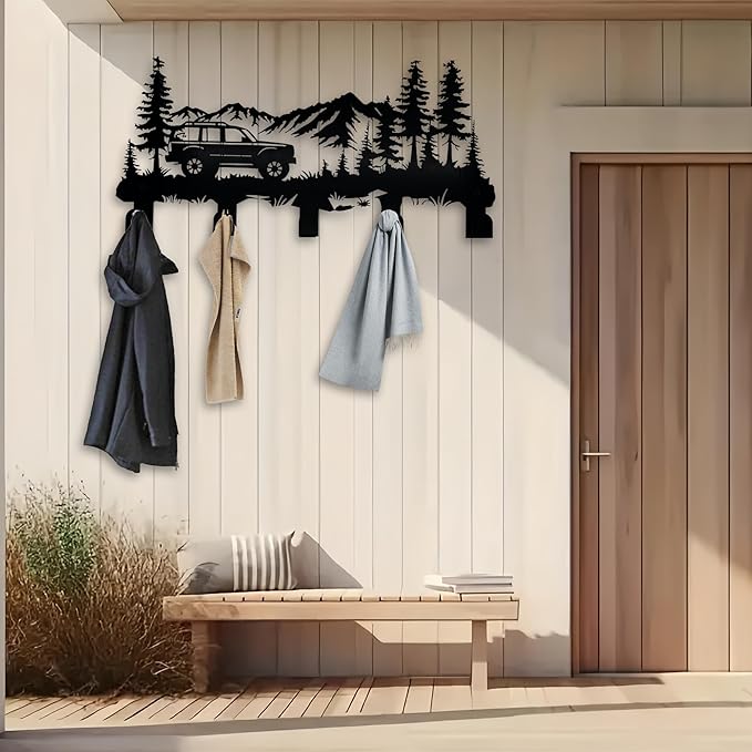 Metal Car Coat Hooks and Key Holder, Mountain Design Wall Art Decor with 5 Hooks, Clothes Hat Rack, and Backpack Hanger, Storage Decor for Living Room, Hallway, Office, Kitchen, Entryway, and Bedroom