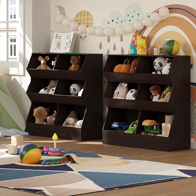 DINZI LVJ Toy Storage Organizer, Kids Bookshelf, Wooden Toy Storage Cabinet, 6 Cubby Children Bookcase, 35.4" L Toddler Book Shelf for Playroom, Living Room, Nursery, Hallway, School, Espresso