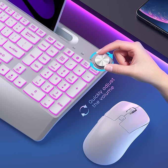 Wireless Keyboard and Mouse Backlits - Full-Sized Ergonomic Lighted Keyboard with Wrist Rest, Phone Holder,2.4GHz Rechargeable Silent Keyboard Mouse Combo for Computer, Laptop, PC, Mac -White