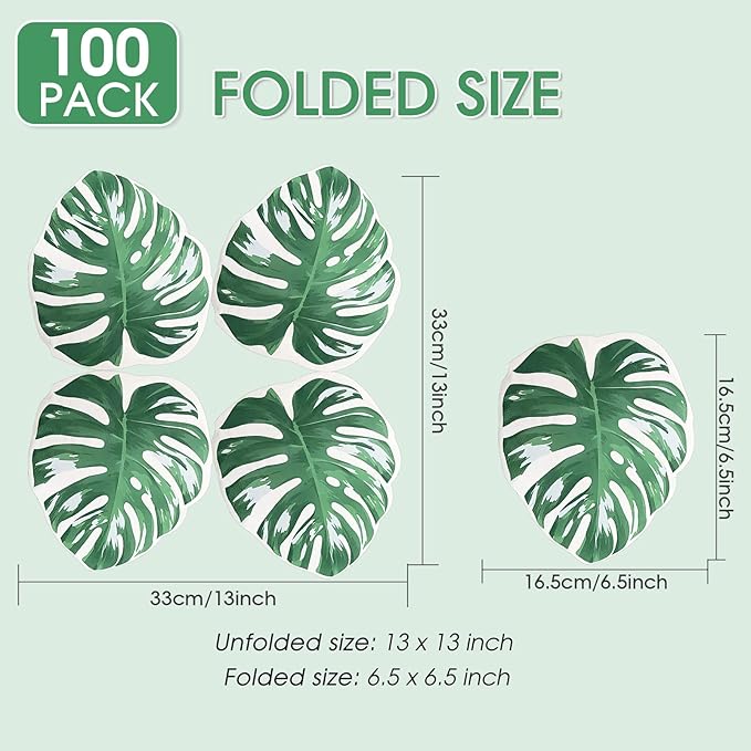 100Pcs Tropical Jungle Leaf Paper Napkins Disposable, Creative Palm Leaf Table Decorations Dinner Napkins for Hawaiian Luau Party Birthday Baby Shower Beach Wedding Summer Safari Theme Party 6.5x6.5In