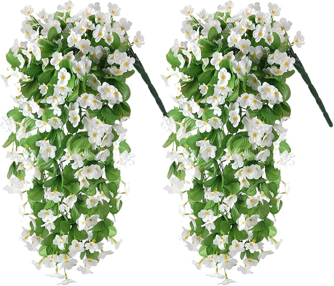 Artificial Fake Hanging Flowers Plants for Outdoor Spring Summer Decoration, 2PCS Faux Silk Violet UV Resistant Look Real Trailing Vines for Outside Home Planter Porch Patio(White)