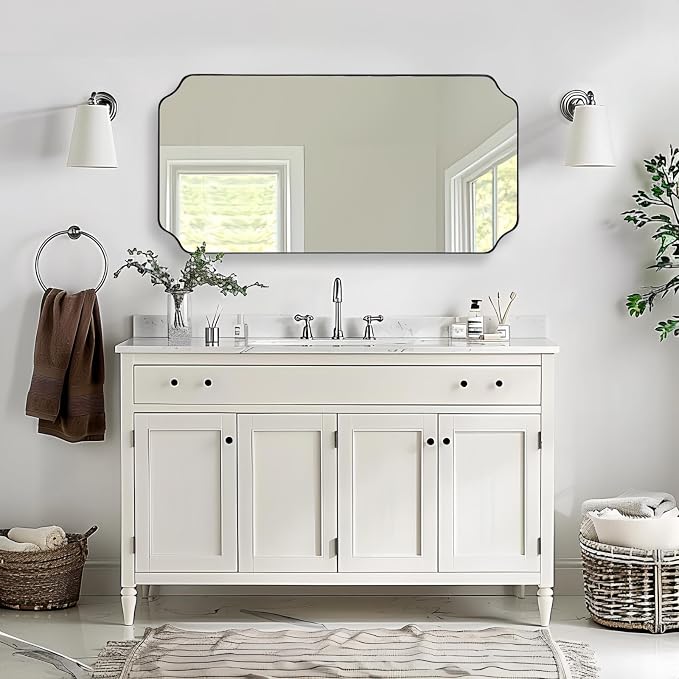 ANDY STAR 24"x48" Large Bathroom Mirror, Chrome Scalloped Wall Mirror, Polished Nickel Rectangle Mirror, Bathroom Vanity Mirror in Anti-Rust Stainless Steel Metal Frame, Vertically/Horizontally
