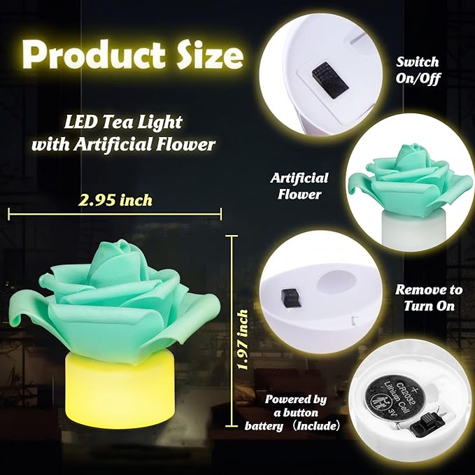 12 Pack LED Tea Lights Candles with Artificial Rose Petals, Flameless Battery Operated Candles,Romantic Decorations Special Night Set for Valentines,Wedding Decor (Green, 12 Pack)