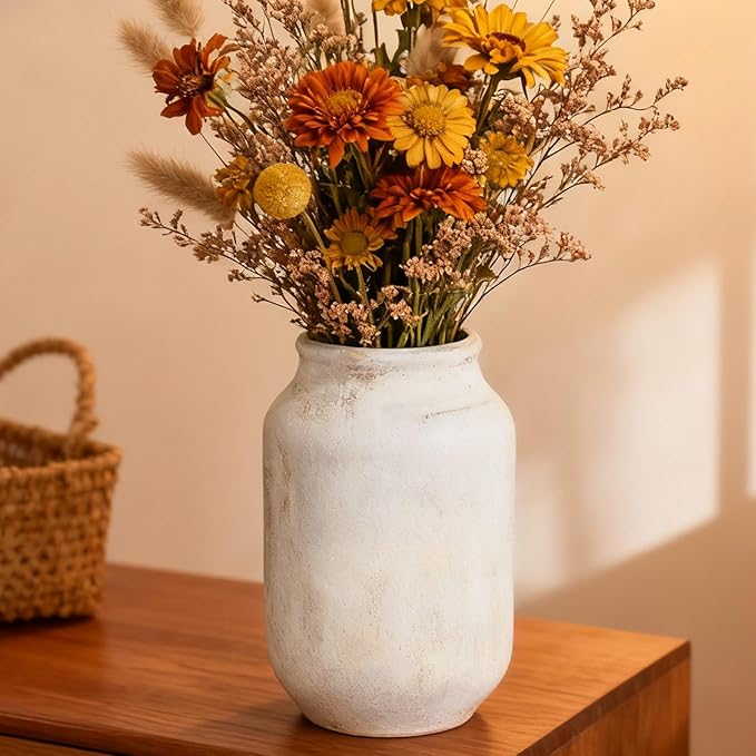 Rustic Ceramic Farmhouse Flower Large Vase, Whitewashed Terra Cotta Vase, Pottery Decorative Flower for Home Decor, Table, Living Room Decoration, Shelf Decor, Mantel, 9.5 Inch, White