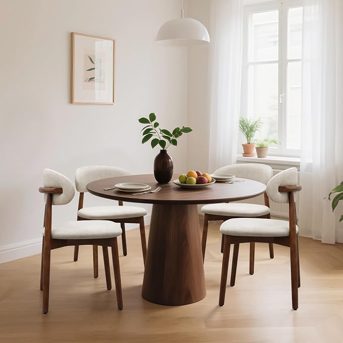 Farmhouse Dining Chairs Set of 4, Mid Century Modern Fabric Upholstered Kitchen Chairs, Wooden Dining Room Chair with Curved Back for Kitchen Dining Room Restaurant Cafe, Warm Gray (Only Chairs)